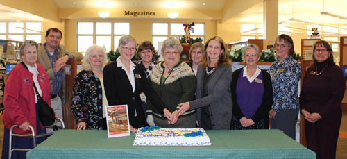 Photo caption: Customers and staff gathered January 5th to celebrate the Whiteford Library's 35 years of service to the community. From left to right, Friends member Margaret Harkins, Senior Administrator of Public Services Joe Thompson, staff member Ann Winkler, Whiteford Library Manager Linda Zuckerman, staff member Kristen DeLambo, North Harford Friends President Betsy Galbreath, former Whiteford Library Manager Heidi Richardson, Harford County Public Library CEO Mary Hastler, staff member Bernadette MicKey, staff member Charlotte McCall and Senior Administrator of Human Resources Terri Schell.