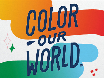 Link to Summer Reading Webpage. Color Our World graphic with bold navy blue text over colorful brushstroke backgrounds in yellow, orange, red, green, and blue. Small star and dot accents appear on the sides.