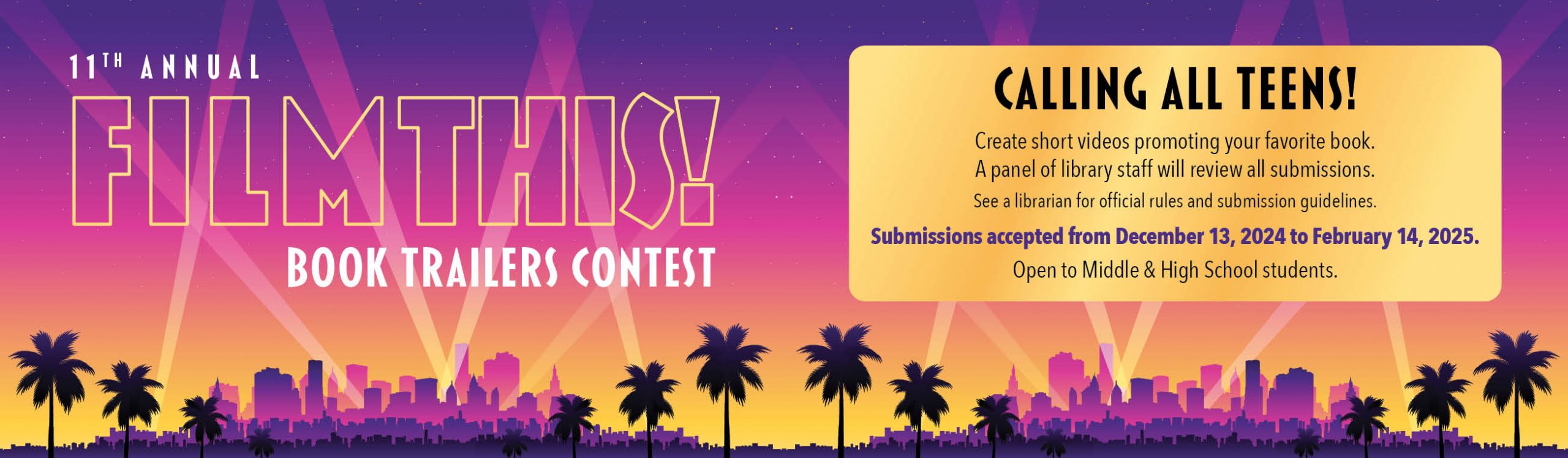 HCPL Film This - The 11th annual FilmThis! Book Trailer Contest will be held Friday, March 14, 2025.
Submissions will be accepted beginning December 13, 2024 until February 14, 2025.